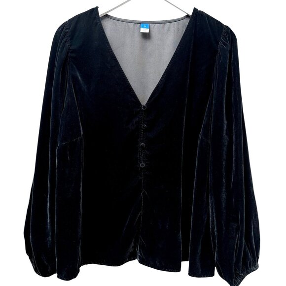 Old Navy Black Velvet Blouse XL - 2X Long Sleeve V-Neck Whimsigoth - Picture 1 of 8
